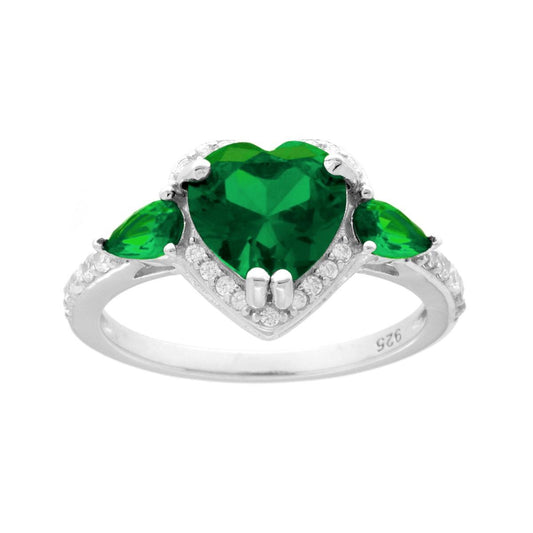 Ring mit grünem Smaragd-Herz, umrandet von weißen Cubic Zirconia, aus Silber 925 rhodiniert. - MeinSchmuckShop