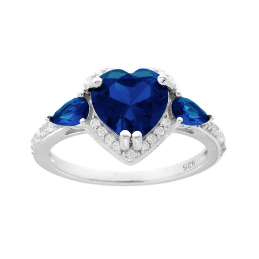 Ring mit blauem Herz-Saphir, umrandet von weißen Cubic Zirconia, aus 925er Silber, galvanisch rhodiniert - MeinSchmuckShop