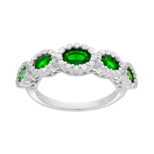 Veretta-Ring mit absteigenden Ovalen in Smaragdgrün, von weißen Cubic Zirconia umrandet, aus 925er Silber rhodiniert. - MeinSchmuckShop