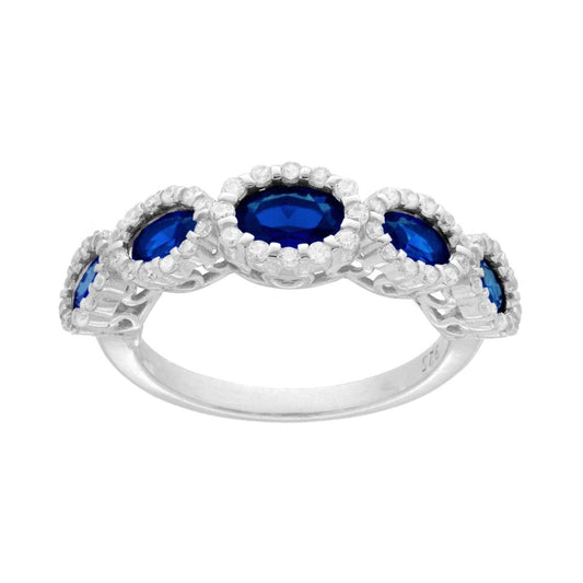 Veretta-Ring mit ovalen blauen Saphiren, die von weißen Cubic Zirconia umrahmt sind, aus 925er Silber, galvanisch rhodiniert. - MeinSchmuckShop