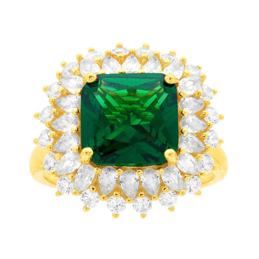 Solitärring, quadratischer Smaragdgrüner Stein, umrandet von weißen Cubic Zirconia, aus 925er Silber, galvanisch vergoldet - MeinSchmuckShop