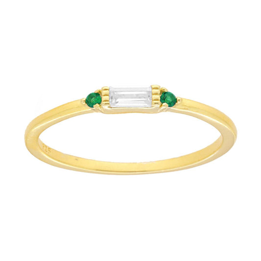Solitärring mit weißen Baguette-CZ, emeraldgrünen Cubic Zirconia (CZ), aus 925er Silber, vergoldet - MeinSchmuckShop
