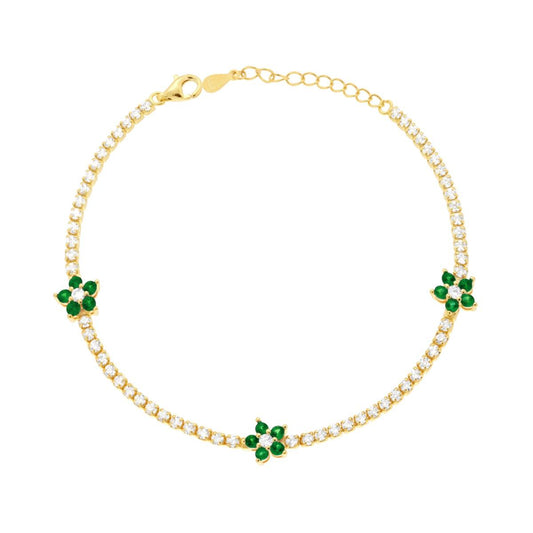 Tennisarmband Griffe cm 17+3 mit weißen Cubic Zirconia und Blumen mit grünem Smaragd-Cubic Zirconia in Silber 925 galvanisch vergoldet - MeinSchmuckShop