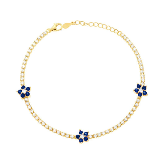 Tennisarmband mit Krappenfassung, Länge 17+3 cm, mit weißen Cubic Zirconia und Blüten, mit blauem Cubic Zirconia Saphir, aus 925er Silber, Gold galvanisiert - MeinSchmuckShop