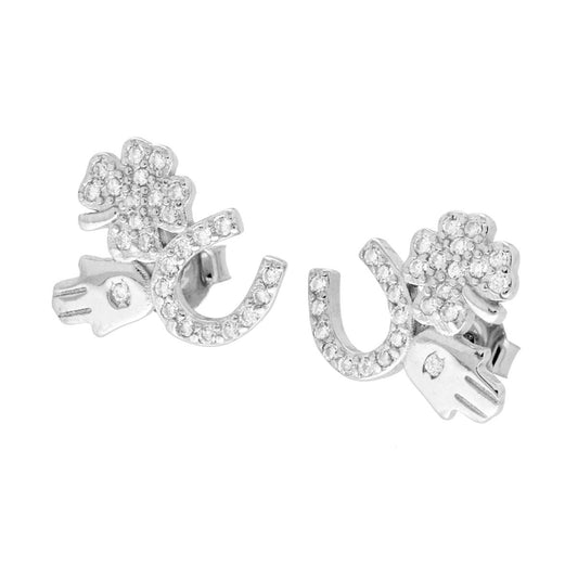 Ohrringe Glücksbringer Hufeisen Fatimas Hand und Kleeblatt mit weißen Cubic Zirconia aus 925er Silber, rhodiniert. - MeinSchmuckShop