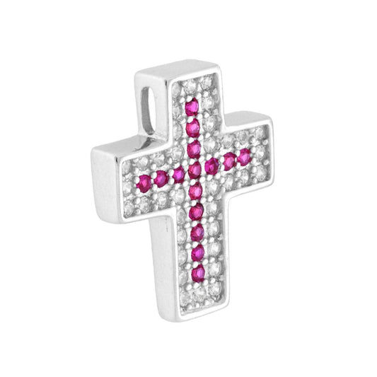 Anhänger Kreuz mit rubinroten und weißen Cubic-Zirkonia in Silber 925, rhodiniert - MeinSchmuckShop