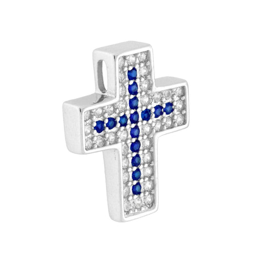 Kreuzanhänger mit blauem Zirkon (Blau-Saphir) und weißen Zirkonien aus 925er Silber, galvanisch rhodiniert. - MeinSchmuckShop
