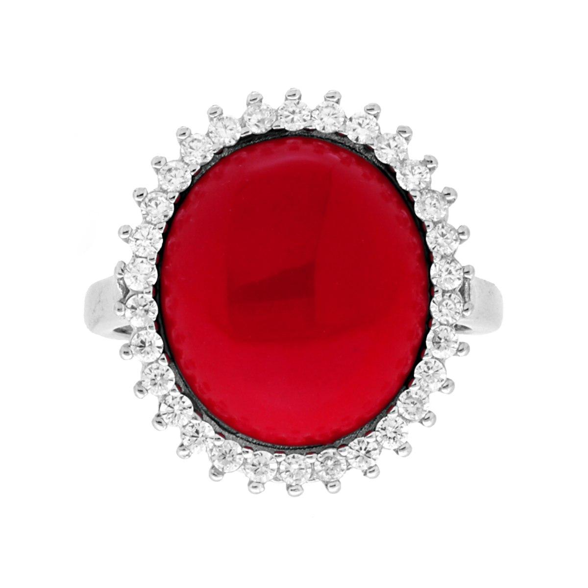 Ovaler Korallenring, von weißen Cubic Zirconia umrandet, rhodiniert in 925er Silber - MeinSchmuckShop