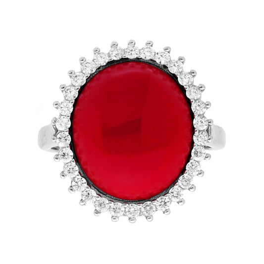 Ovaler Korallenring, von weißen Cubic Zirconia umrandet, rhodiniert in 925er Silber - MeinSchmuckShop