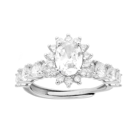 Weißer ovaler Halo-Ring, mit weißen Cubic-Zirkonien umrahmt, aus 925er Silber rhodiniert. - MeinSchmuckShop