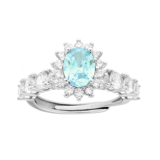 Ring Halo Veretta Oval Aquamarin, umrahmt von weißen Cubic Zirconia, aus 925er Silber, galvanisch Rhodium beschichtet. - MeinSchmuckShop