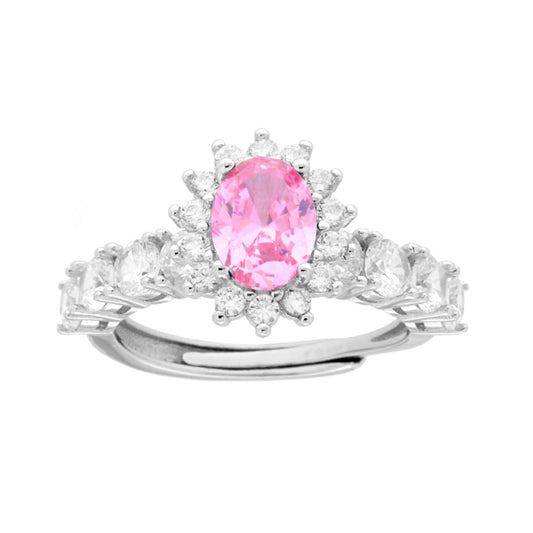 Ring Halo Veretta Oval Rosa, umrandet mit weißen Cubic-Zirkonien, aus 925er Silber rhodiniert. - MeinSchmuckShop
