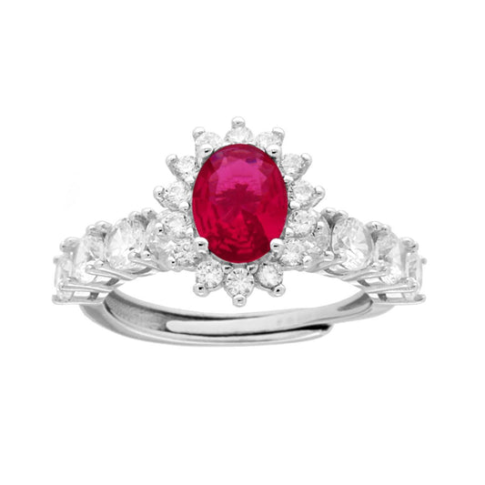 Ring mit ovalem Rubinrot-Halo, umgeben von weißen Cubic Zirconia, aus 925er Silber rhodiniert - MeinSchmuckShop