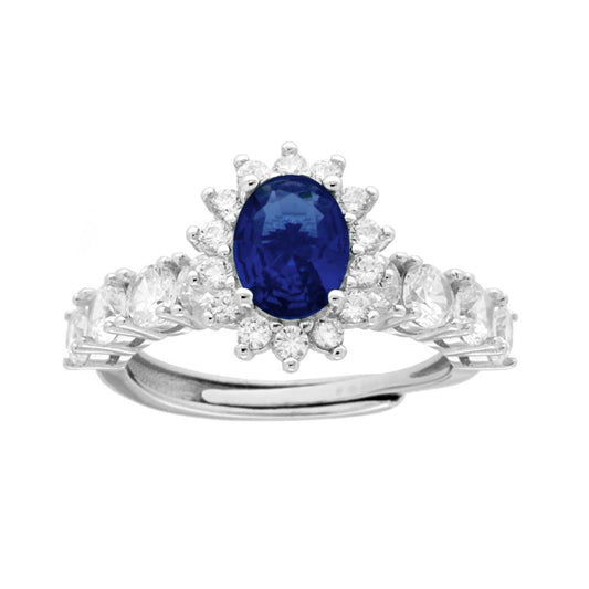 Ring Halo Veretta Oval blauer Saphir, umrahmt von kubischen Zirkonien in 925er Silber rhodiniert - MeinSchmuckShop