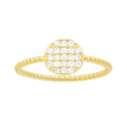 Ring in geometrischer Form, rund, Solitärring mit weißen Cubic Zirconia und verflochtenem Schaft aus 925er Silber, galvanisch vergoldet. - MeinSchmuckShop
