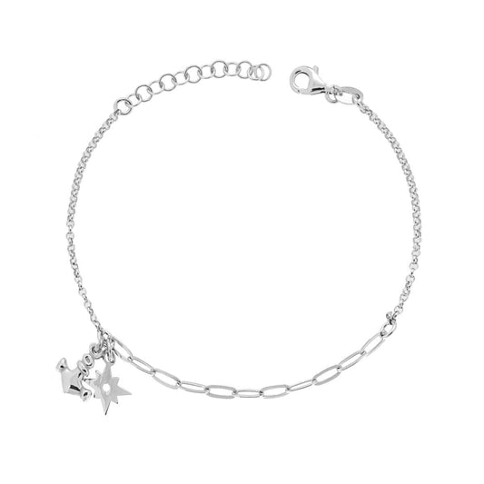 Armband, Rolo-Kette mit Diamantierung und verlängertem Forzatina, mit Anker- und Windrosen-Anhängern aus 925er Silber, galvanisch rhodiniert. - MeinSchmuckShop