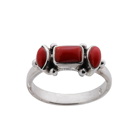 Ethnischer Ring-Trilogie mit Korallensteinen in 925er Silber - MeinSchmuckShop