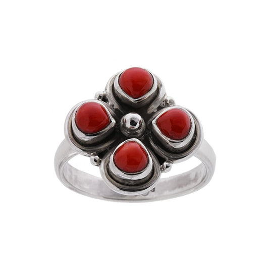 Ethnischer Vierblättriger Ring mit Korallensteinen aus 925er Silber - MeinSchmuckShop