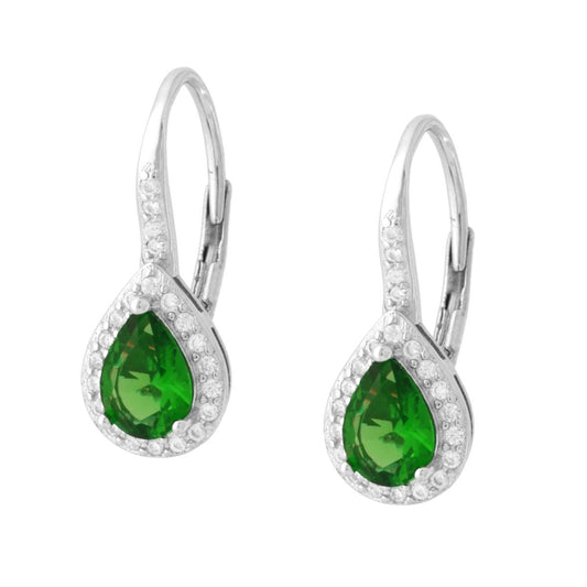 Ohrringe Monachella Tropfenform Grüner Smaragd, von weißen Cubic-Zirkonia umrahmt, aus 925er Silber rhodiniert - MeinSchmuckShop