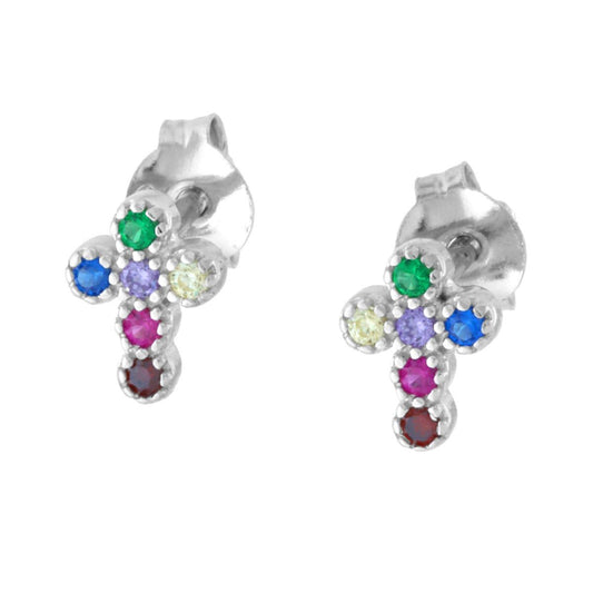 Ohrringe Kreuz mit mehrfarbigen Cubic Zirconia aus Silber 925, galvanisch rhodiniert - MeinSchmuckShop
