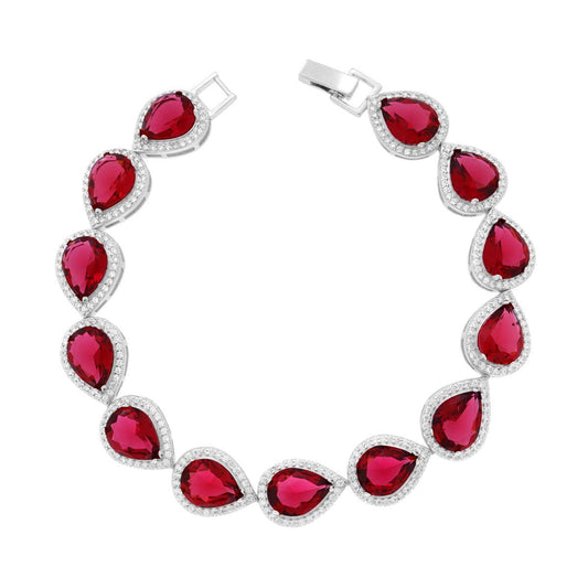 Tennisarmband Griffe 18 cm Rubinroter Tropfen, von weißen Cubic-Zirconia umrandet, aus 925er Silber rhodiniert galvanisch - MeinSchmuckShop