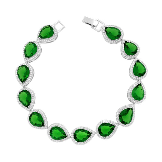 Tennisarmband, Griffe 18 cm, smaragdgrüne Tropfen, umgeben von weißen Cubic Zirconia, rhodiniert auf 925er Silber. - MeinSchmuckShop