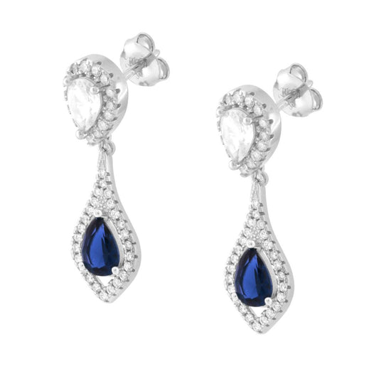 Ohrhänger Tropfenform – blauer Saphir, umgeben von weißen Cubic-Zirkonien – aus Silber 925, rhodiumgalvanisiert - MeinSchmuckShop