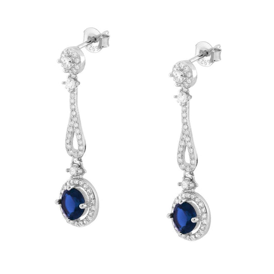 Runde Hängeohrringe mit saphirblauem Stein, umrahmt von weißen Cubic Zirconia, aus rhodiniertem 925er Silber - MeinSchmuckShop