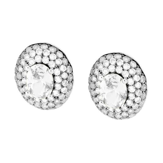 Ohrringe im Button-Oval-Stil mit weißem Cubic Zirconia, 925er Silber rhodiniert. - MeinSchmuckShop