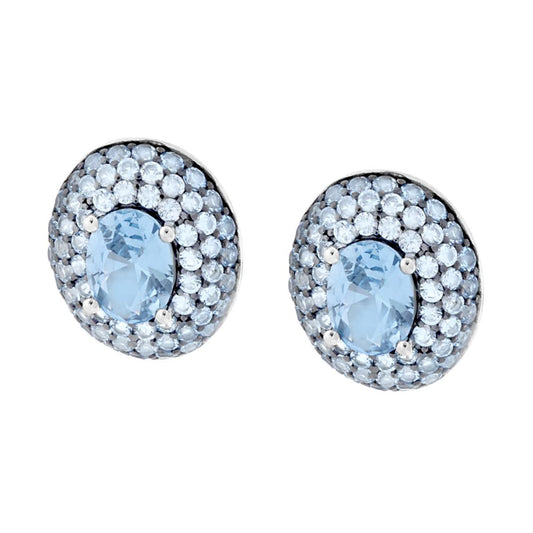 Ohrstecker Knopfoval mit Cubic Zirconia Aquamarin, 925er Silber rhodiniert. - MeinSchmuckShop