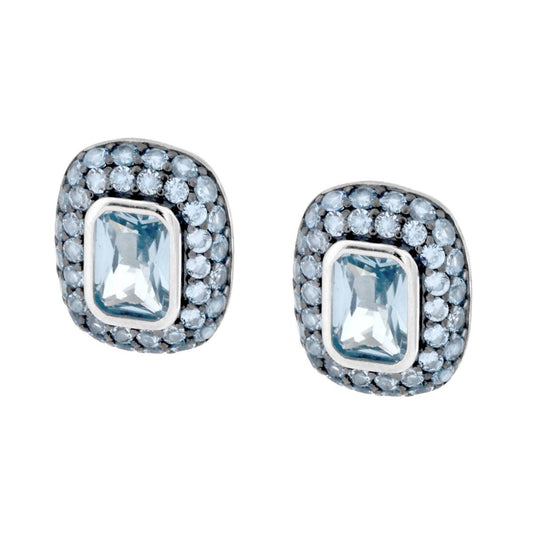 Ohrringe, rechteckige Knopfform, mit Aquamarin-Cubic-Zirconia, Silber 925 rhodiumplattiert - MeinSchmuckShop