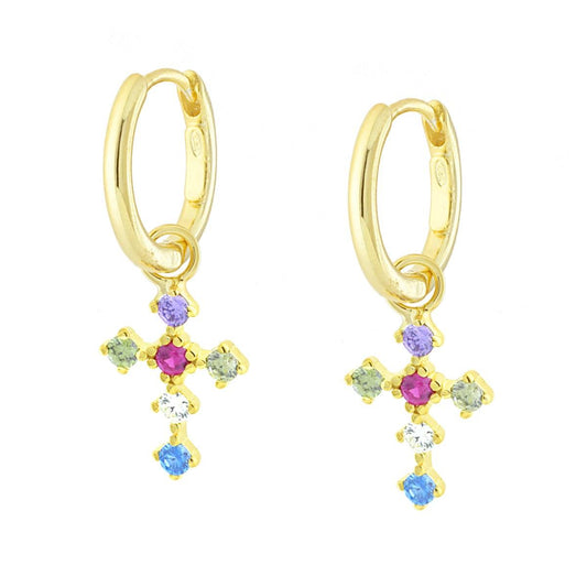 Ohrringe – Klapp-Ohrringe mit hängendem Kreuz und mehrfarbigen Cubic Zirconia, 925er Silber, goldplattiert - MeinSchmuckShop
