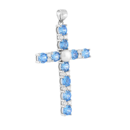 Kreuzanhänger mit Cubic Zirconia, weißem Aquamarin und Perle aus 925er Silber, rhodiniert - MeinSchmuckShop