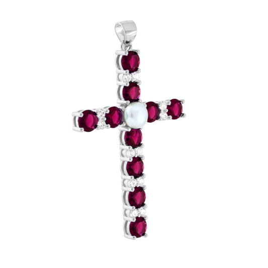 Kreuzanhänger aus 925er Silber, galvanisch rhodiniert, mit rubinroten Cubic Zirconia, weißen Cubic Zirconia und Perle - MeinSchmuckShop