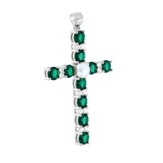 Kreuzanhänger mit Cubic Zirconia in Emeraldgrün, Weiß und Perle, aus 925er Silber rhodiniert - MeinSchmuckShop