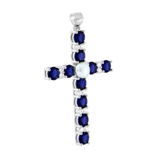Kreuzanhänger mit kubischem Zirkon in Blau, Saphirblau, Weiß und Perle aus 925er Silber, rhodiniert - MeinSchmuckShop