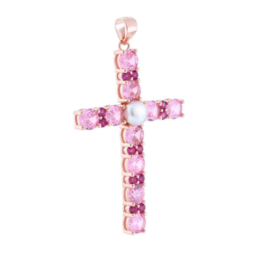 Kreuzanhänger mit Cubic Zirconia in Rosa, Rubinrot, Weiß und Perle aus 925er Silber, rosé galvanisiert - MeinSchmuckShop