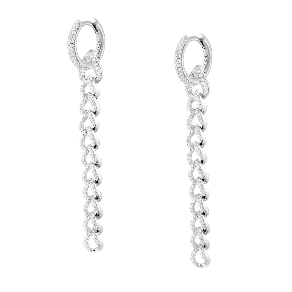 Ohrringe mit Schnappverschluss-Ring, Grumetta-Kette und weißen Cubic-Zirkonien aus 925er Silber rhodiniert - MeinSchmuckShop