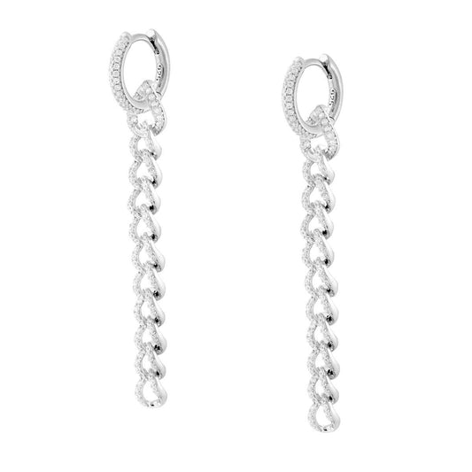 Ohrringe mit Schnappverschluss-Ring, Grumetta-Kette und weißen Cubic-Zirkonien aus 925er Silber rhodiniert - MeinSchmuckShop