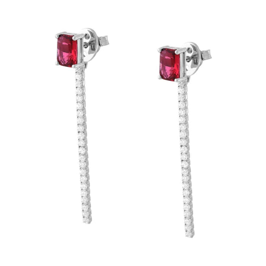 Ohrringe Punkt-Licht Baguette Rubinrot und Tennis-Pendante mit weißen Cubic Zirconia in 925er Silber, rhodiniert galvanisch - MeinSchmuckShop