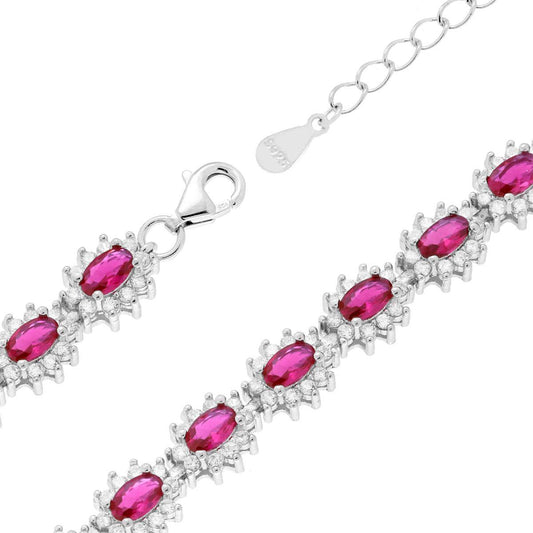 Tennisarmband mit Griffen, 18+3 cm, oval, mit rubinrotem Cubic Zirconia, umgeben von weißen Cubic Zirconia, aus Silber 925 rhodiniert - MeinSchmuckShop