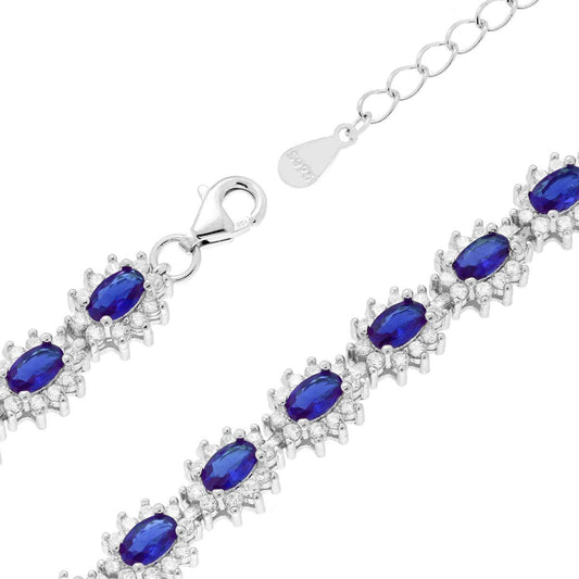 Tennisarmband Griffe 18+3 cm, oval, mit blauem Cubic Zirconia (Saphirblau) umgeben von weißen Cubic Zirconia, Silber 925, rhodiniert. - MeinSchmuckShop