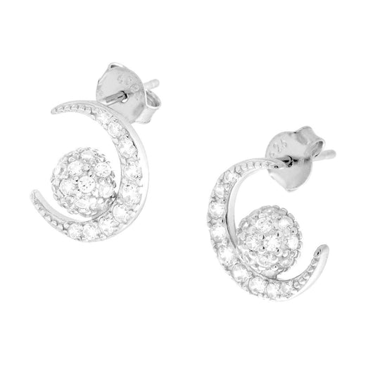 Ohrringe Mond und Kugel mit weißen Cubic Zirconia aus 925er Silber, galvanisch rhodiniert. - MeinSchmuckShop
