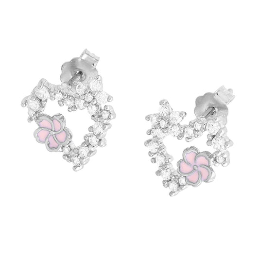 Herz-Ohrringe mit weißen Cubic Zirconia und rosa emaillierter Blüte aus Silber 925, rhodiniert - MeinSchmuckShop