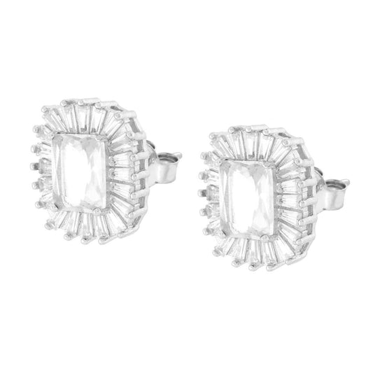 Ohrringe rechteckig, weißes Cubic Zirconia, umrahmt von trapezförmigen weißen CZs, Silber 925, rhodiniert. - MeinSchmuckShop