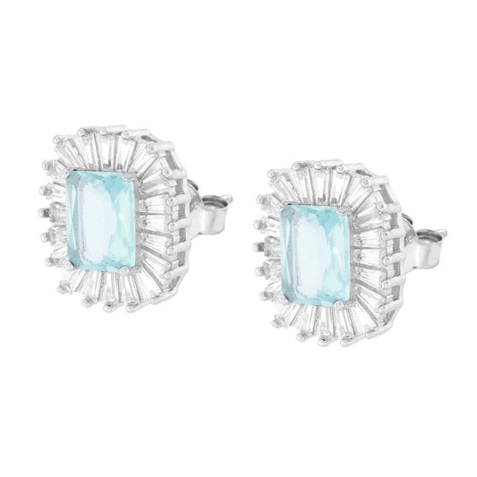 Rechteckige Ohrringe mit Aquamarin-Cubic-Zirconia, eingerahmt von Cubic-Zirconia, weiße Trapeze, in Silber 925 galvanisch rhodiniert - MeinSchmuckShop