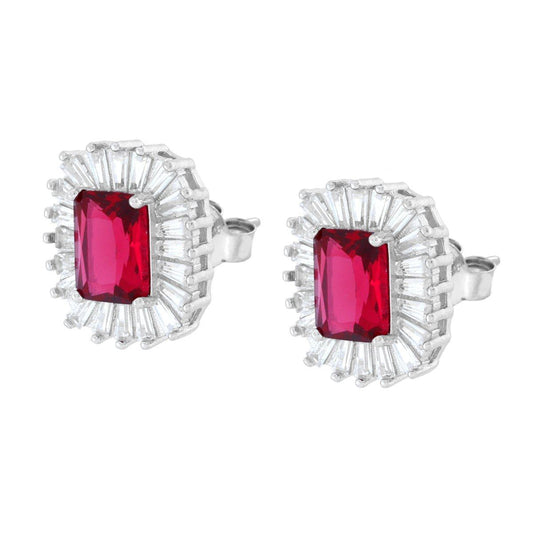 Rechteckige Ohrringe mit rubinrotem Cubic Zirconia, umrahmt von weißen Trapez-Cubic-Zirkonien, aus Silber 925, galvanisch rhodiniert - MeinSchmuckShop