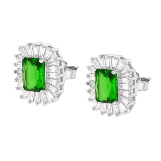Rechteckige Ohrringe mit smaragdgrünen Cubic Zirconia, umrahmt von weißen trapezförmigen Cubic Zirconia, aus 925er Silber, galvanisch rhodiniert - MeinSchmuckShop