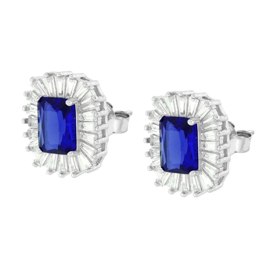 Ohrringe rechteckig, Cubic Zirconia Blau Saphir, umgeben von Cubic-Zirconia-Trapezen Weiß, in Silber 925, galvanisch rhodiniert. - MeinSchmuckShop