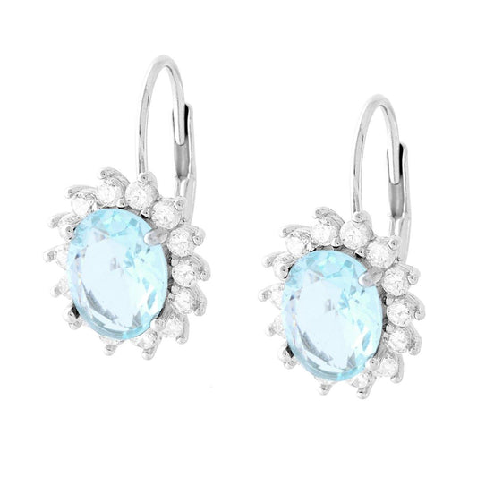 Ohrringe mit Öhrhaken, ovaler Aquamarin, umrahmt von weißen Cubic Zirconia, aus 925er Silber, rhodiniert galvanisch - MeinSchmuckShop